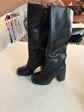 Fashion Nova Black Knee-High Block Heel Boots